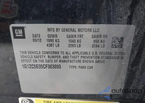 2012 Chevrolet Malibu 1Lt from USA, damaged, VIN 1G1ZC5E05CF363893